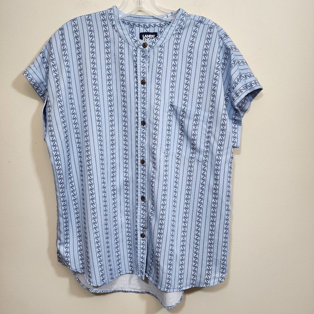 Lands' End button front sewn cuffs short sleeve patterned shirt woman's‎ size L